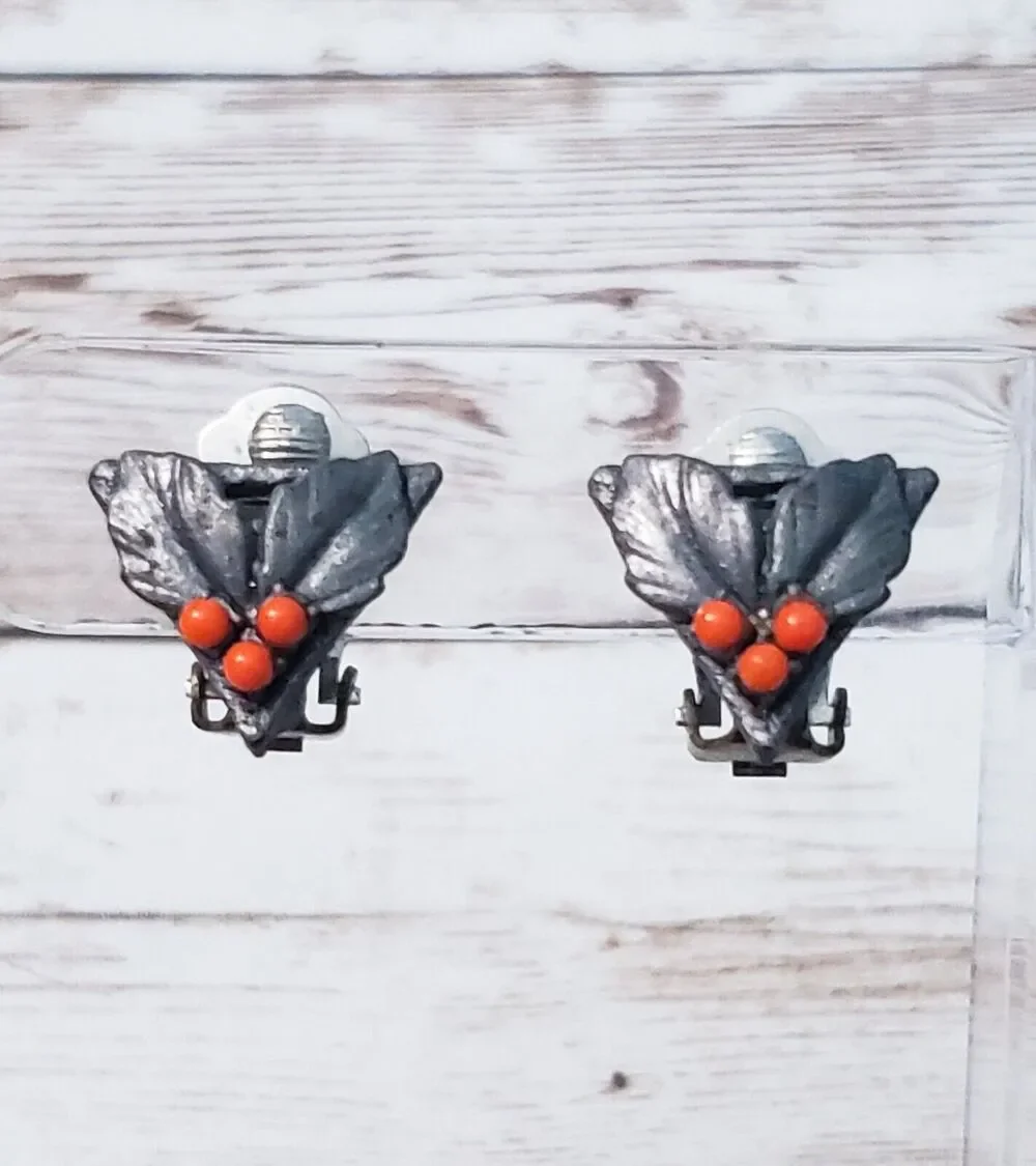 Vintage Clip On Earrings - Gray Holly Leaves with Red Berries